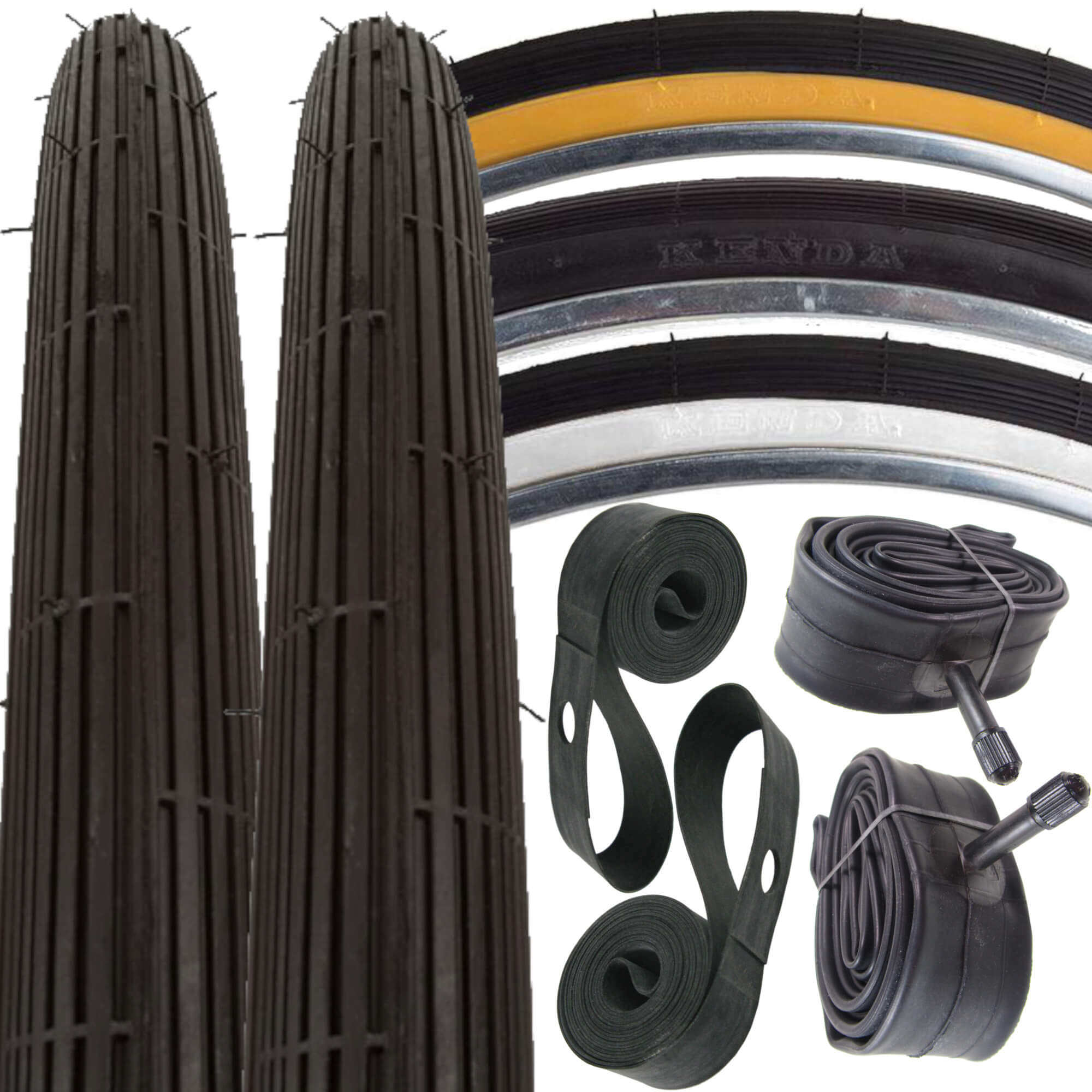Beach Cruiser Bike Tire & Tube Kit - 26 X 2.125" Diamond Tread Tires, Black Sidewall, Includes Levers & Strips