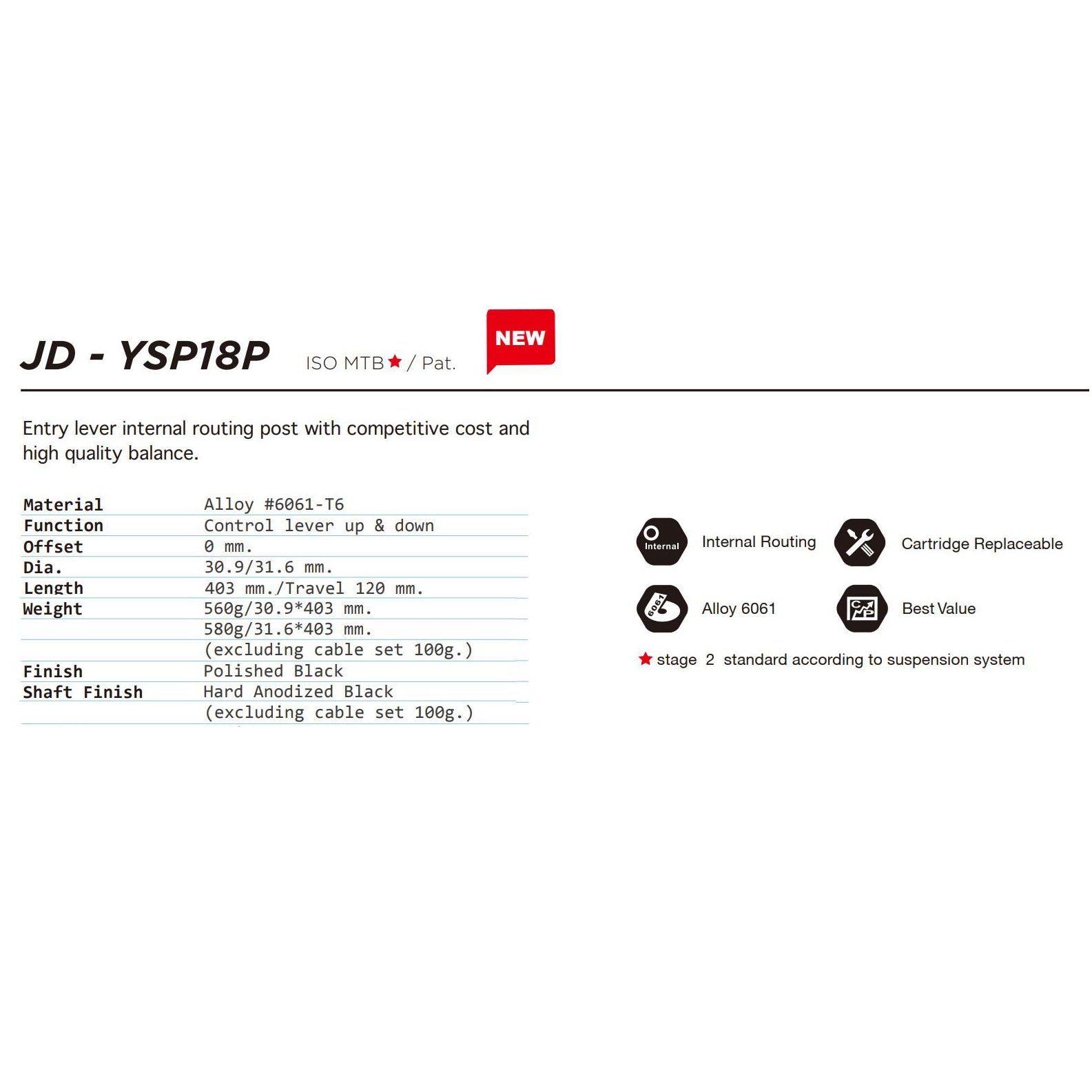 TRANZ-X JD-YSP18P Dropper Seat Post Internal 130mm Travel 30.9