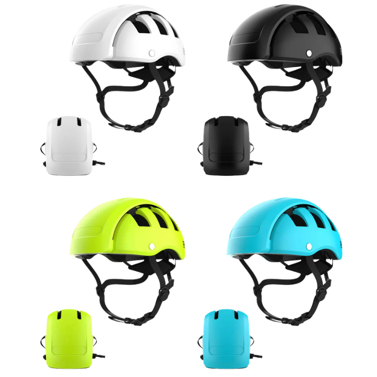 Four helmets in white, black, green, and blue on a white background
