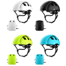 Four helmets in white, black, green, and blue on a white background