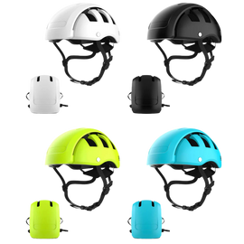 Four helmets in white, black, green, and blue on a white background