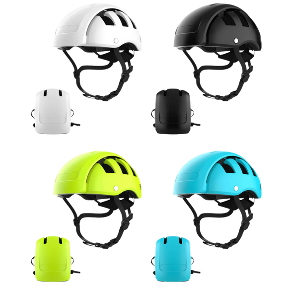 Four helmets in white, black, green, and blue on a white background