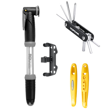 Topeak TC2408 Essentials Cycling Accessory Kit w-Mini Dual Pump, Multi-Tool, Tire Levers - The Bikesmiths