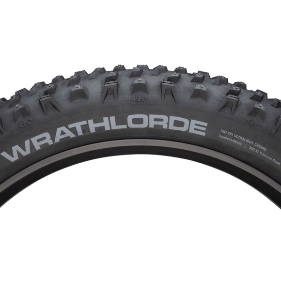 45NRTH Wrathlorde Tire - 26x4.2 Tubeless Folding Black 120 TPI 300 XL Concave Carbide Aluminum Studs