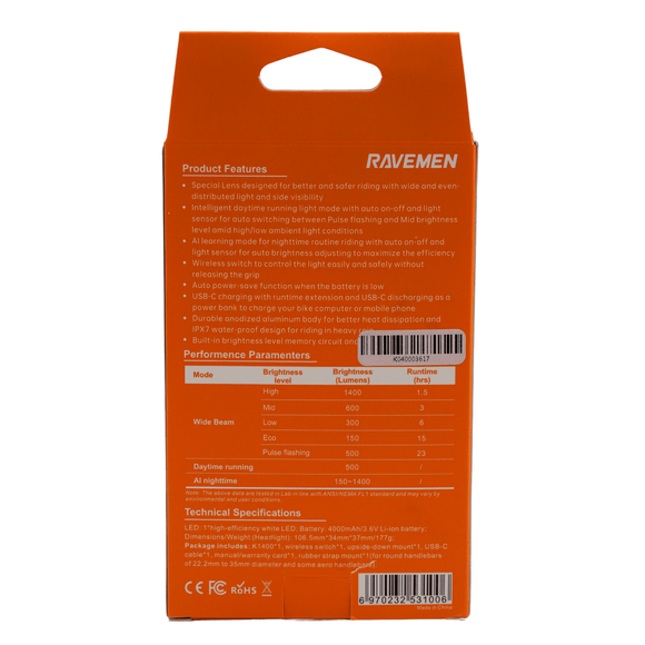 Ravemen K1400 1400 Lumen USB Rechargeable Light Daytime Run Mode