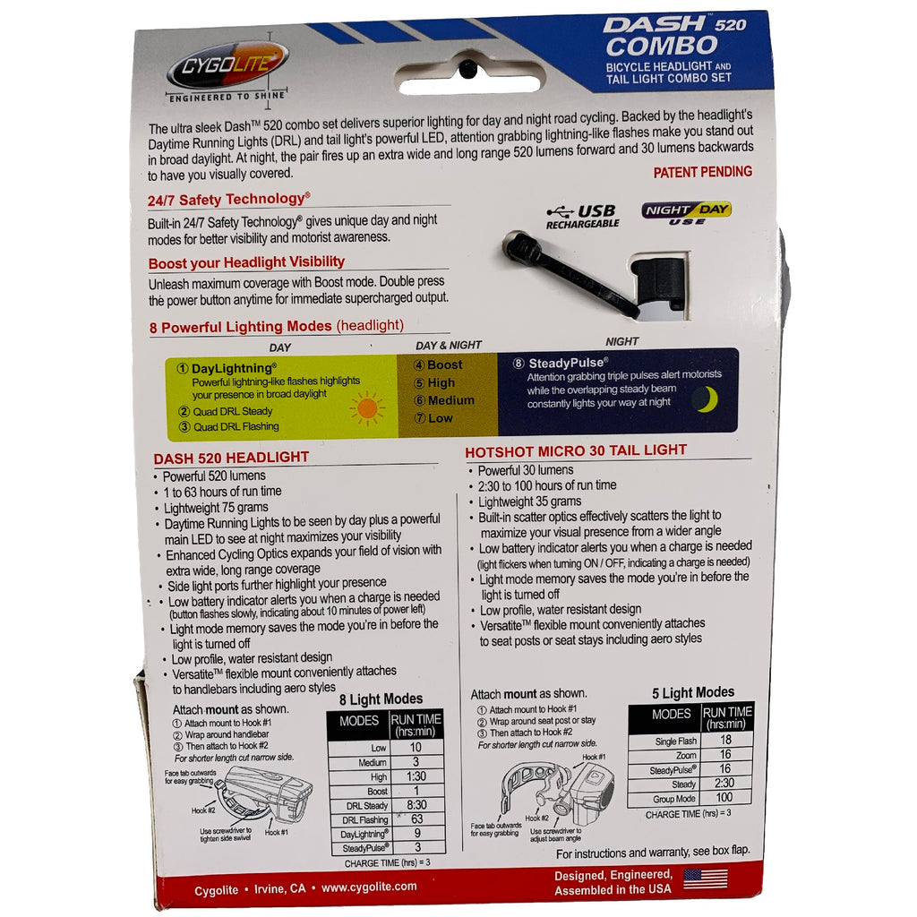 Cygolite Combo Dash 520 / Hotshot Micro 30 USB Rechargeable Front & Rear Light