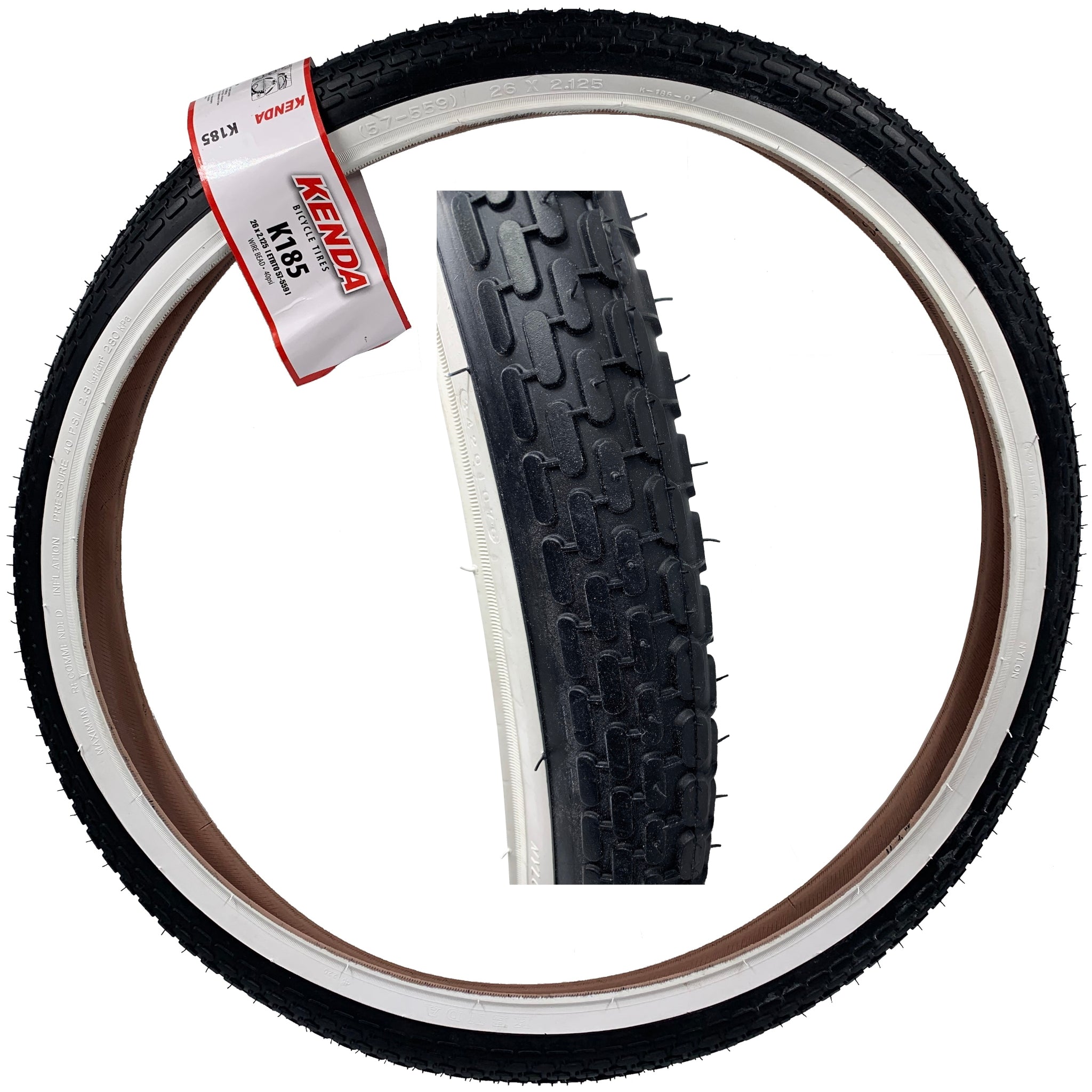 Kenda K185 26x2.125 Whitewall Tire - The Bikesmiths
