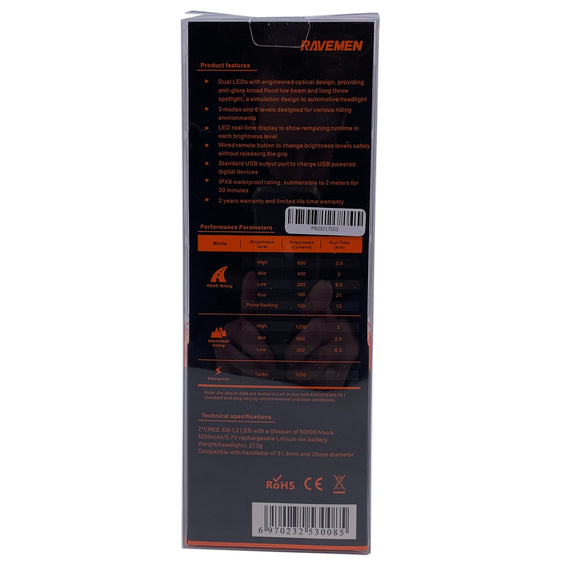 Ravemen PR1200 1200 Lumen USB Dual Headlight w/ Remote Switch - The Bikesmiths