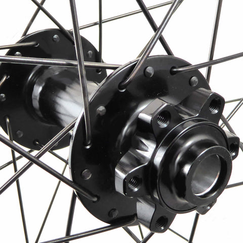 Image of Closeup of the hub showing the mounting bolts for the disc brake as well as the thru axle hole.