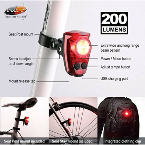 Cygolite Hotshot Pro 200 USB Rechargeable Tail Light with Hard Post Mount - The Bikesmiths