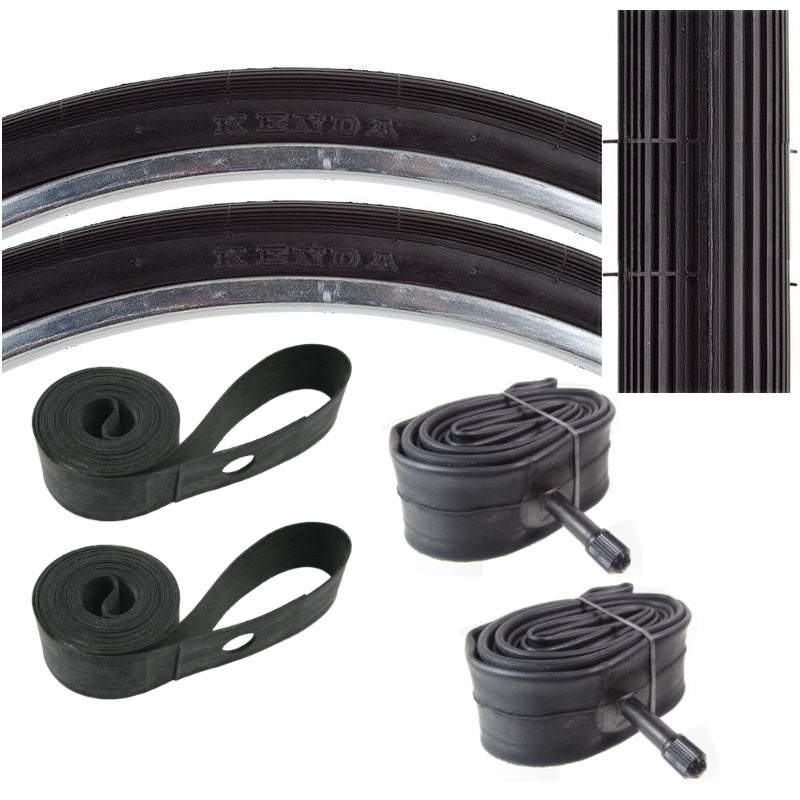 Kenda K23 26x1-3/8 or 1-1/4 37x597 Tire kit with blackwall tires.   Comes with rubber rim strips and schrader tubes.