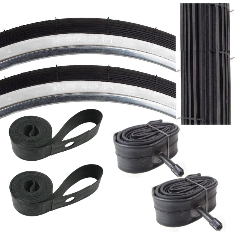 Kenda K23 26x1-3/8 or 1-1/4 37x597 Tire kit with whitewall tires.   Comes with rubber rim strips and schrader tubes.