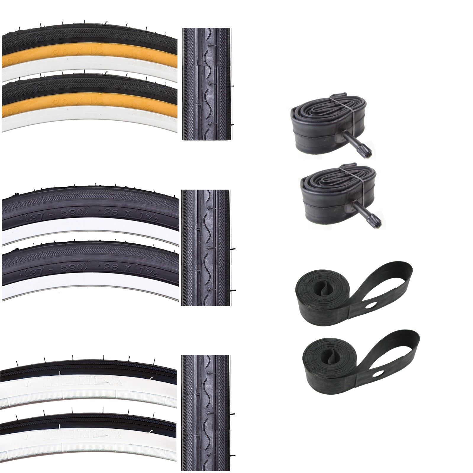 Kenda K40 26x1-3/8 skinwall or blackwall or whitewall tires with Schrader valve tube and rubber rim strip.