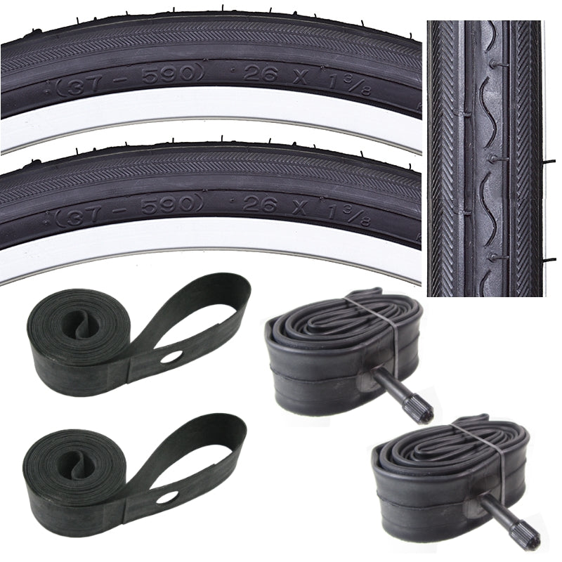 Kenda K40 26x1-3/8 blackwall tires with Schrader valve tubes and rubber rim strips.
