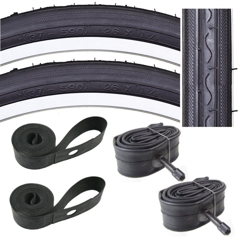 Image of Kenda K40 26x1-3/8 blackwall tires with Schrader valve tubes and rubber rim strips.