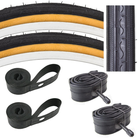 Image of Kenda K40 26x1-3/8 skinwall tires with Schrader valve tubes and rubber rim strips.