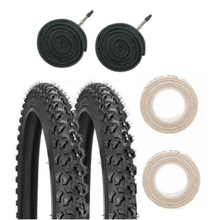 Two Kenda K831 Alpha Bite 26" tires with two Presta valve tubes and two cloth rim strips.