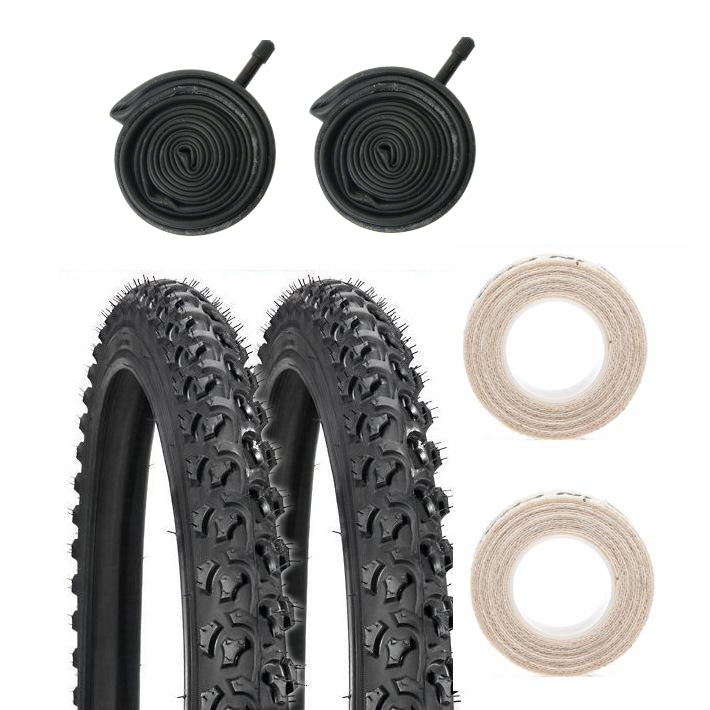 Two Kenda K831 Alpha Bite 26" tires with two Schrader valve tubes and two cloth rim strips.