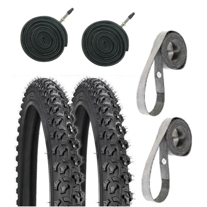 Two Kenda K831 Alpha Bite 26" tires with two Presta valve tubes and two rubber rim strips.