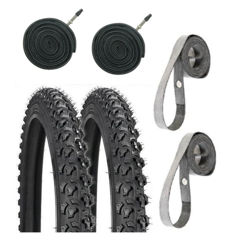 Image of Two Kenda K831 Alpha Bite 26" tires with two Presta valve tubes and two rubber rim strips.