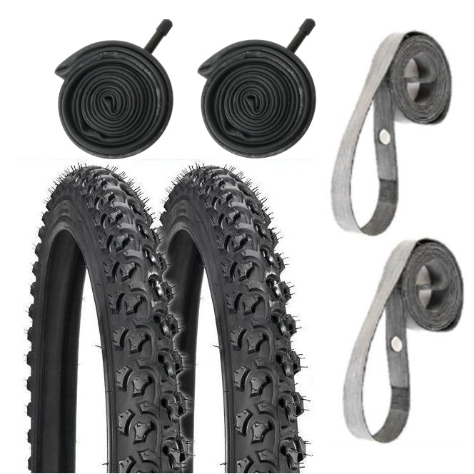 Two Kenda K831 Alpha Bite 26" tires with two Schrader valve tubes and two rubber rim strips.