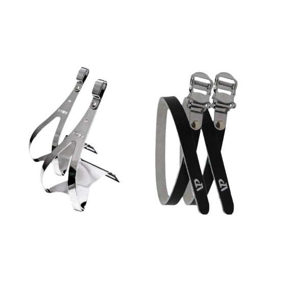 MKS Steel Chrome Toe Clips and VP Black Leather Straps Kit - TheBikesmiths