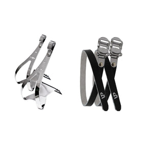 MKS Steel Chrome Toe Clips and VP Black Leather Straps Kit - TheBikesmiths