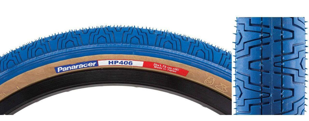 Side and tread view of Panaracer 20"x1.75 HP406 skinwall blue tire.