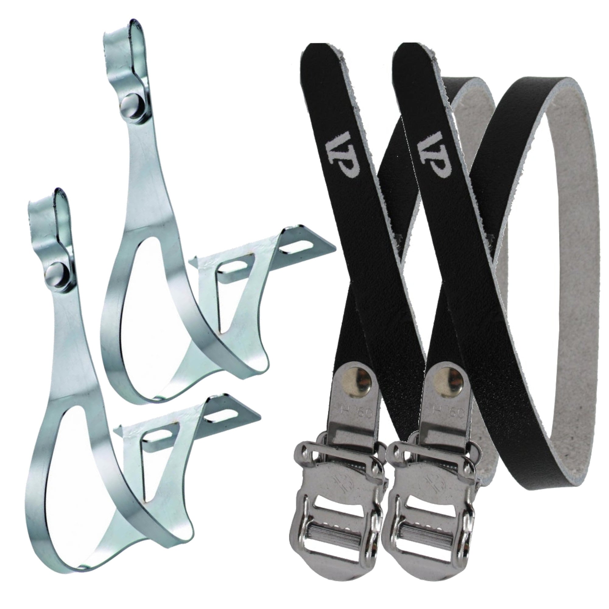 Classic Chrome Medium Size Steel Toe Clips With Black Leather Straps - The Bikesmiths