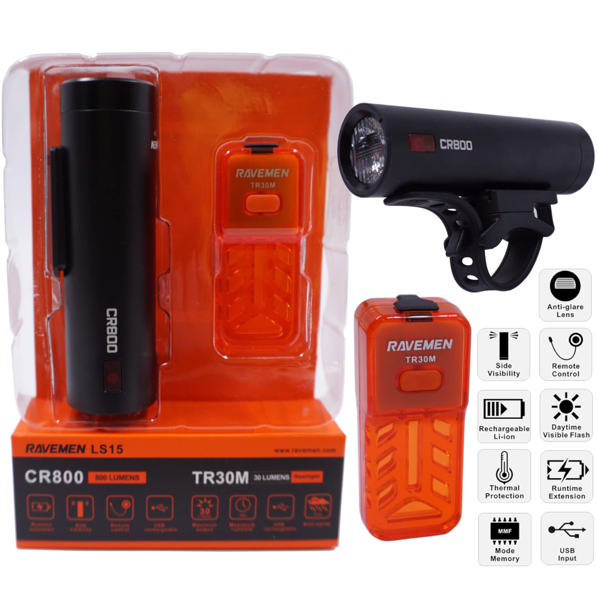 Ravemen LS-CT03 CR800/TR30M 800 Lumens / 30 L USB Lightset